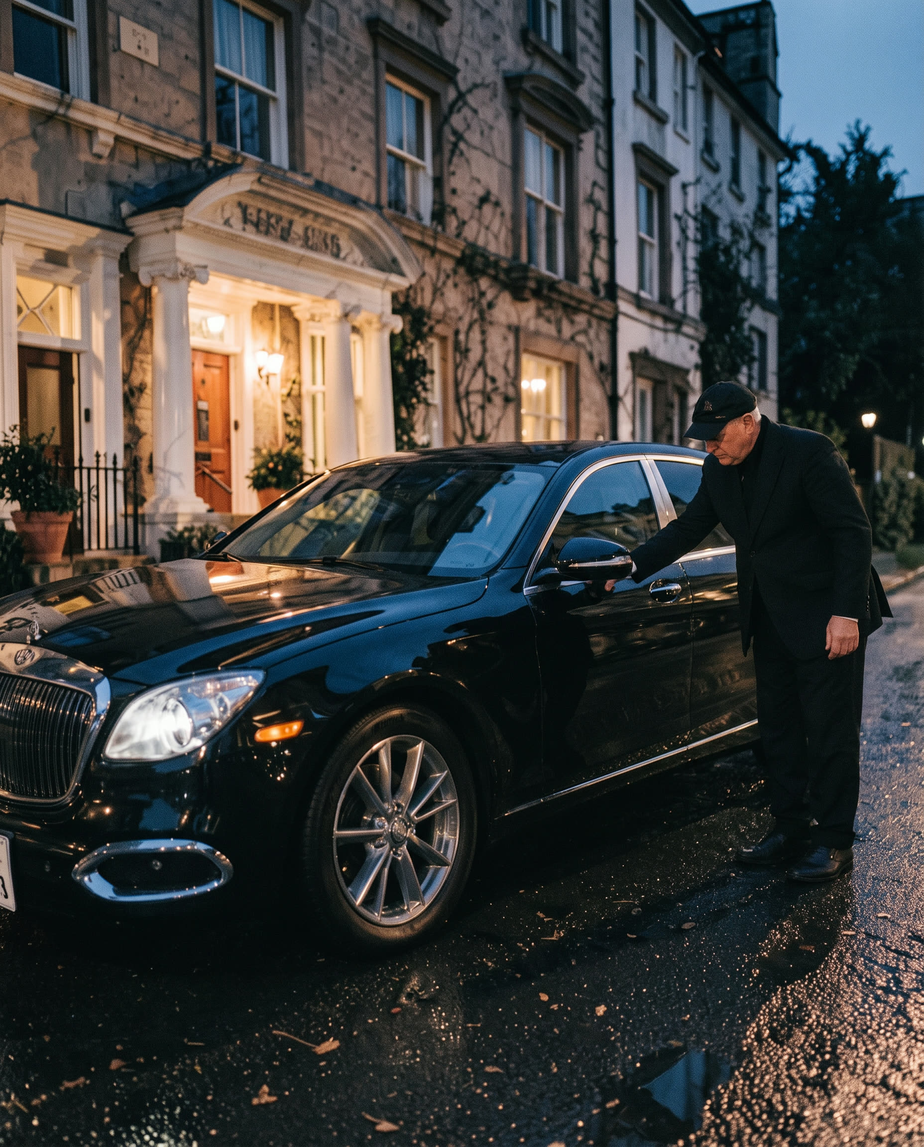 Chauffeur opening a car door outside a townhouse